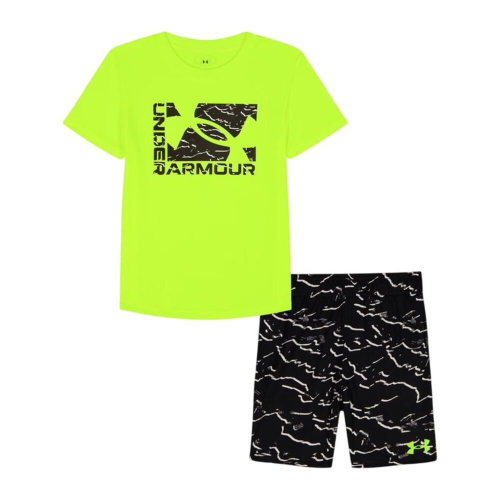 Under Armour Boys Tech Large Logo T-Shirt & Shorts Set / Black/Neon